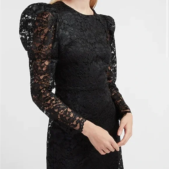 NWT EXPRESS Black Lace Puff Sleeve Fit and Flare Dress - Picture 1 of 9